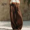 Pleated Palazzo Pants Women Wide Leg Casual Pants, Elastic Waist Solid Color Loose Breathable Trousers, Spring Fall with Pockets Lightweight