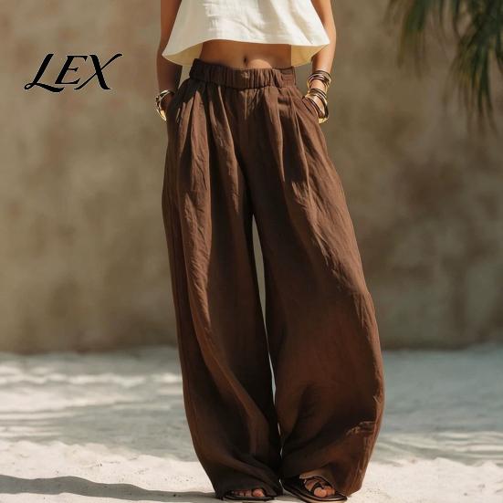 Pleated Palazzo Pants Women Wide Leg Casual Pants, Elastic Waist Solid Color Loose Breathable Trousers, Spring Fall with Pockets Lightweight