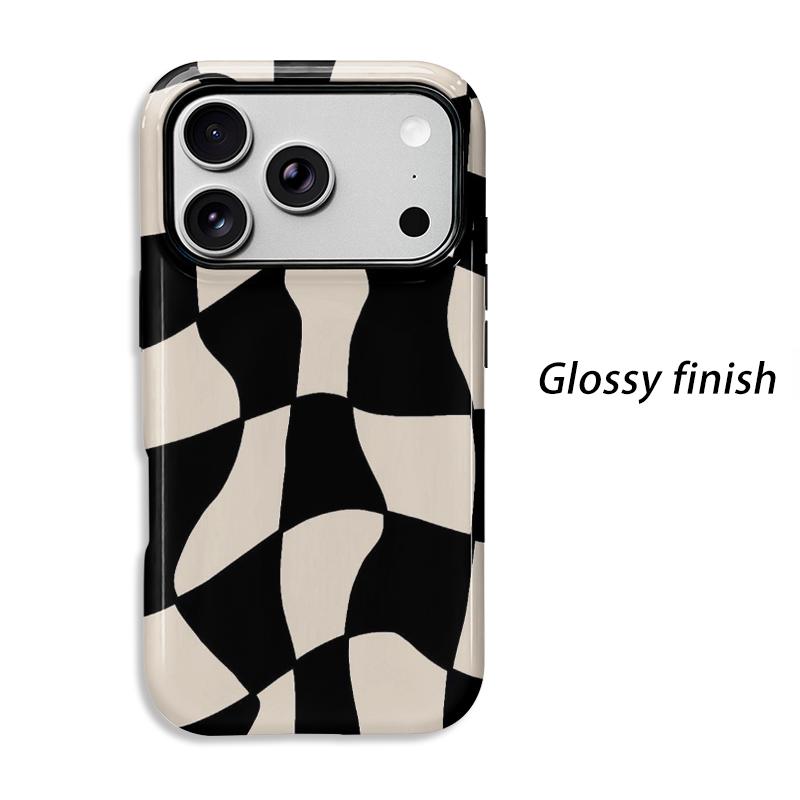 Warped Distorted Checkered Grid Black Cream Abstract Art Film Aesthetic Protective Shockproof Bumper Phone Case Cover For iPhone 14 15 16 Pro Max Plus