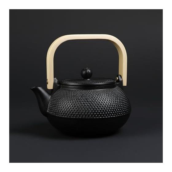 Nambu Ironware Traditional Craft Iron Kettle, Black, Direct Fire/IH Compatible Teapot, Tea Utensils, Iron Replenishment, Filter Included, Wooden