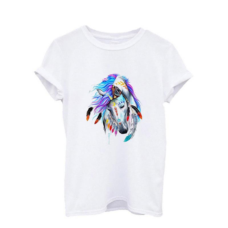 2025 Summer New Vouge Simple Graphic Watercolor Print Animal Woman Print White Casual O-Neck Short Sleeve