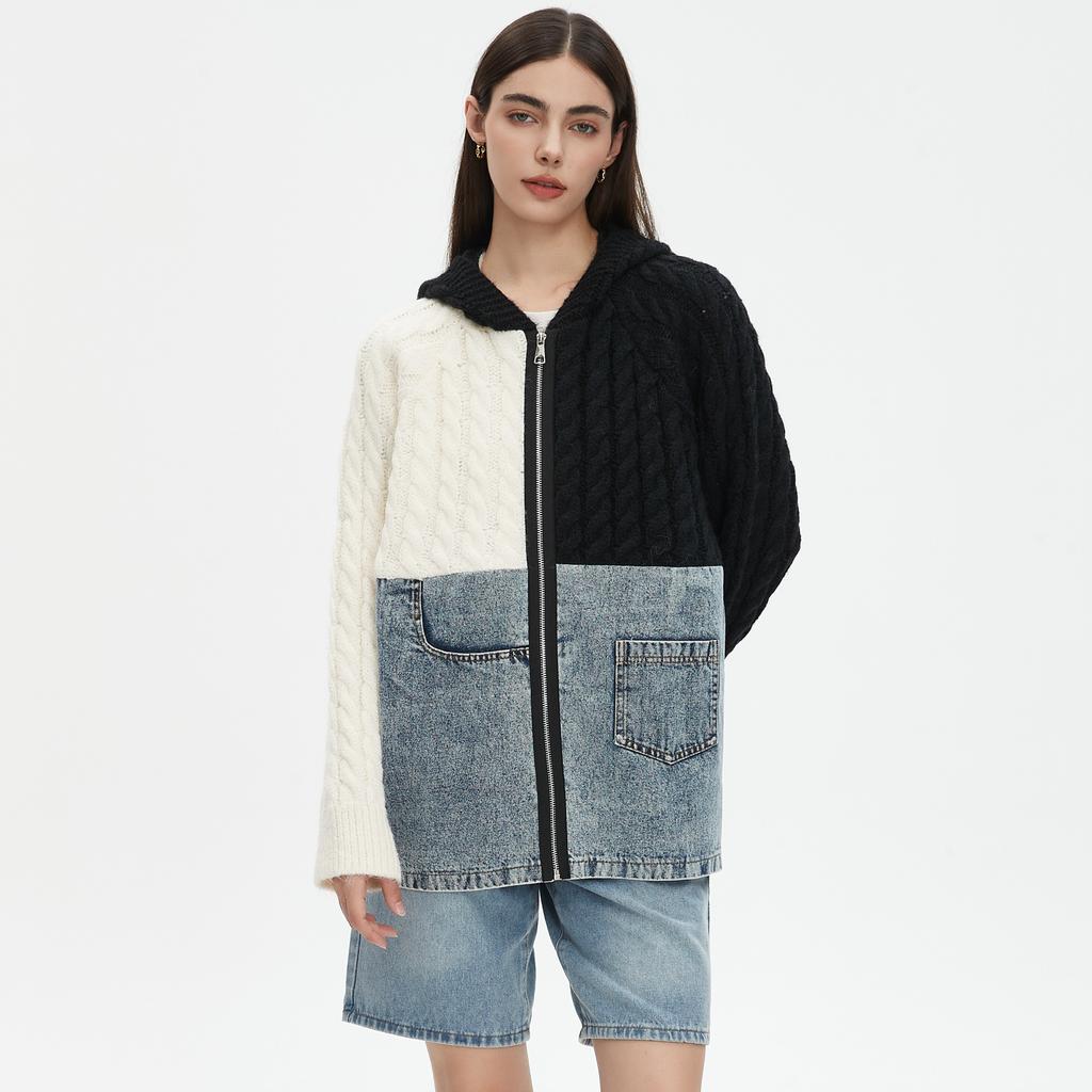 DIMANAF 2025 Herbst Neu Damen Lange Jacke Reißverschluss Pullover Mantel Patchwork Mantel Stricktaschen Pullover