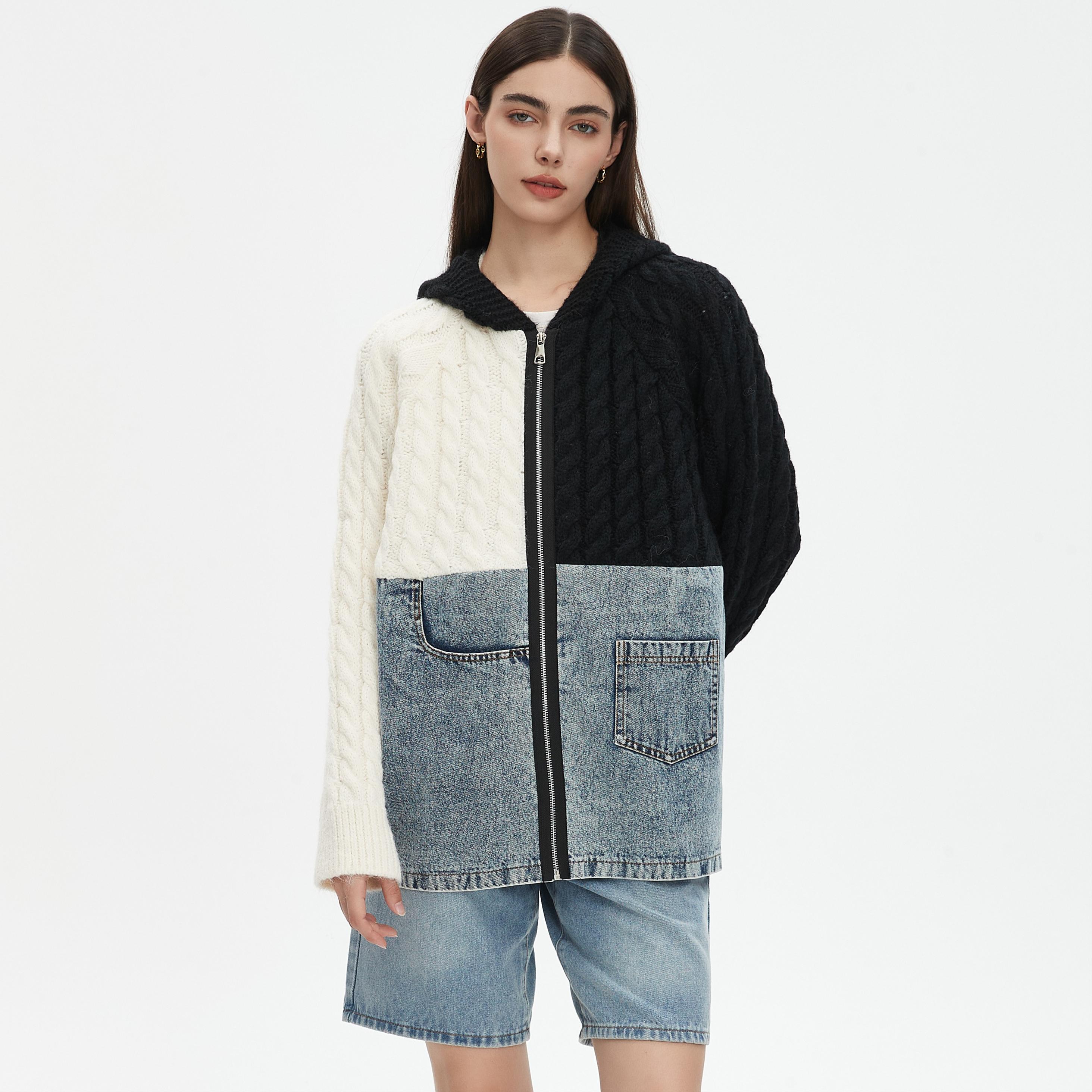 

DIMANAF 2025 Осень Новая Женская Длинная Куртка Молния Свитера Пальто Пэчворк Пальто Вязание Карманы Свитер One Size белый