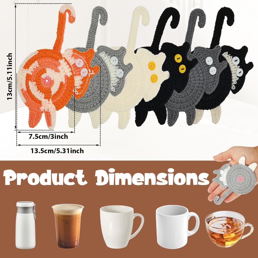6 Pcs Knitted Cat Coaster Creative Coffee Cup Mat Fun Woven Beverage Cup Mat Cute Cat Shape Mug Mats for Tabletop Home Kitchen