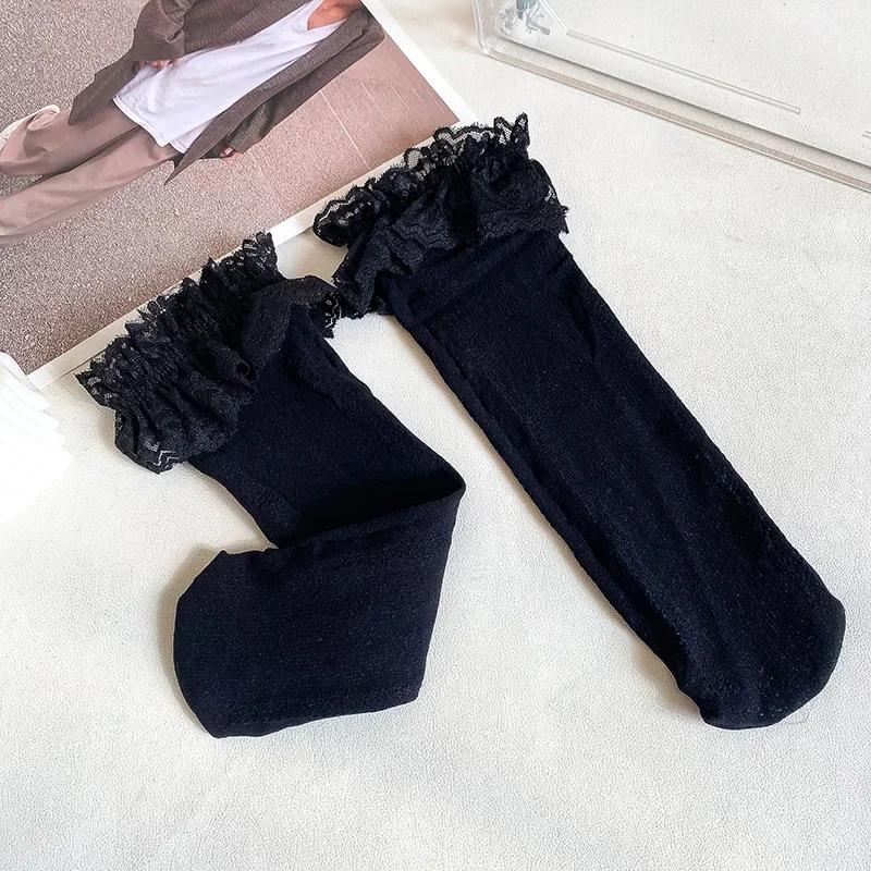 Meias JK Lolita de Renda e Malha Finas de Verão com Babados Brancas Pretas até o Joelho Longas para Meninas Crianças