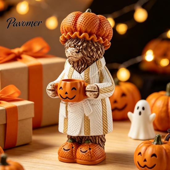 Charming Fall Housewarming Presents Halloween Highland Cow Figurine, Resin Statue with Pumpkin Mug, Spooky Seasonal Tiered Tray Decor Farmhouse