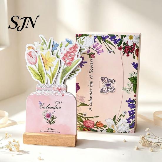 Monthly Planner For 2027 Flower Desk Calendar, English Tabletop Calendar with Wooden Base, Floral & Cat Decorative for Office Home Desktop Cute