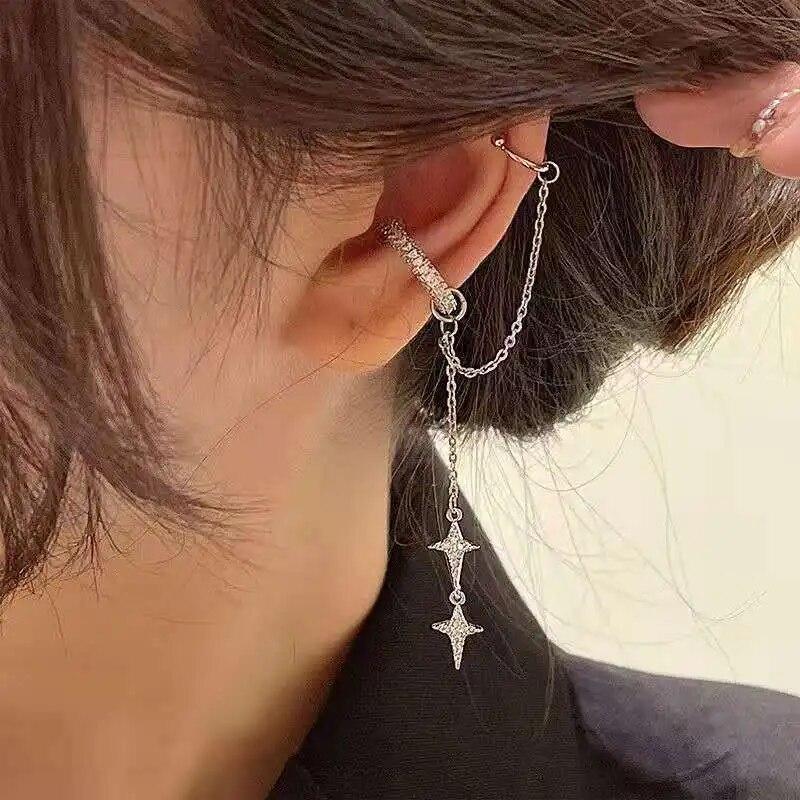 Sweet Retro Non-Piercing Cuff Ear Clip Earring For Women Shiny Silver Crystal Tassel Rhinestone Star Fake Cartilage Piercing Jewelry Cool Ear Clip