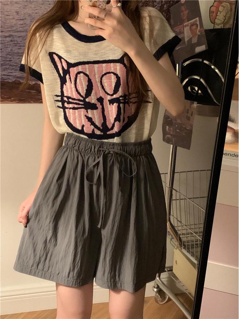 Women's High-Waist Blue Ice Silk Wide-Leg Shorts - Summer 2025 Mid-Length Casual Sportswear