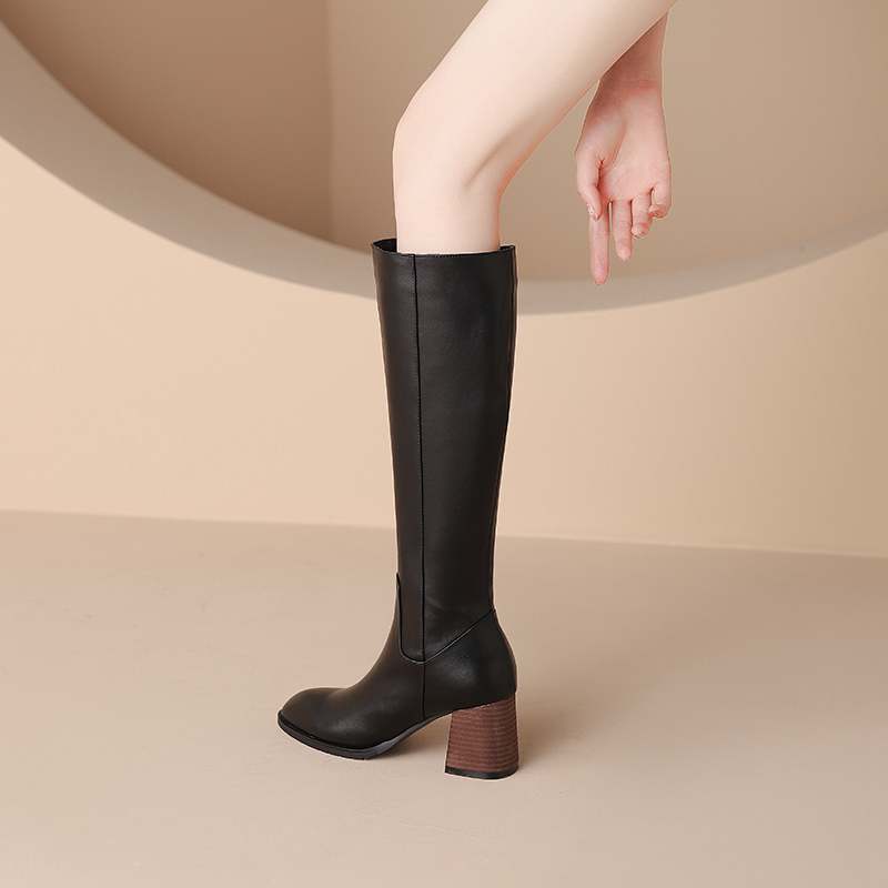 Krazing Pot Herbst-Winterschuhe aus Rindsleder, dicke High Heels, große Größe 34-Größe 46, Reißverschluss, Dekoration, prägnanter Stil, Damen, warm, Kniestiefel