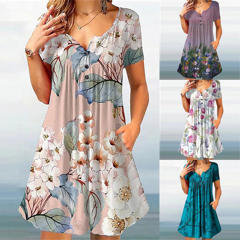 Ladies Casual Round Neck Button Ruched Trim Printed High Waist Loose Dress