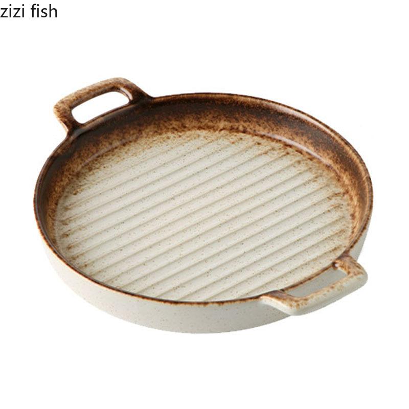 Double Ear Horizontal Texture Disc Ceramic Flat Plate Baking Plate Barbecue Plate Steak Plates Molecular Cooking Retro Tableware
