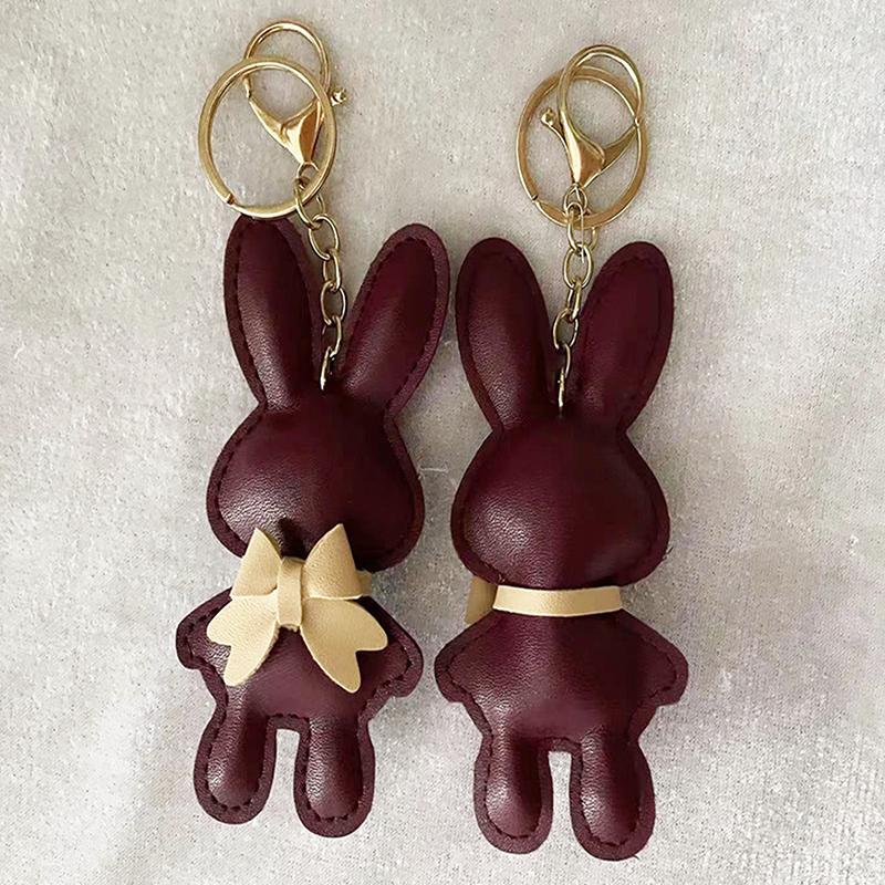 1Pc Cute Pu Leather Solid Color Bunny Keychain Creative Bow Bunny Keyring Car Key Holder Pendant Bag Charm Gifts