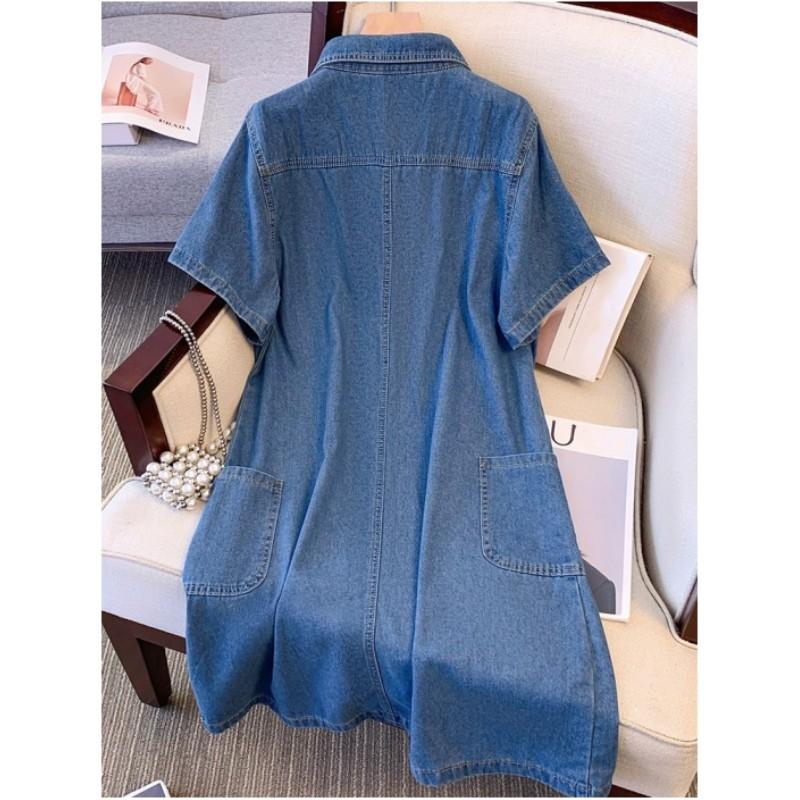 Damen Sommer Retro Plus Size Jeanskleid Literarische süße lange Kleider