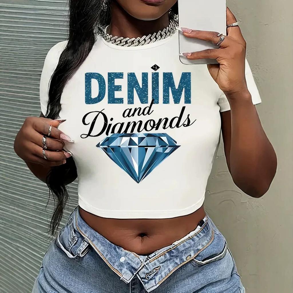 European and American Summer New Round Neck Pullover Short Sleeve Letter Multi-picture Printing Off the Navel European and American Women's Top T-shir