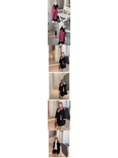 Korean Style Mid-Length Kids' Autumn/Winter Coat – Hooded, Long Sleeve, Cotton-Polyester for Girls.