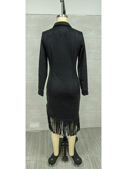 2025 Western Cowboy Style Suede Tassel Slim Fit Long Sleeve Dress