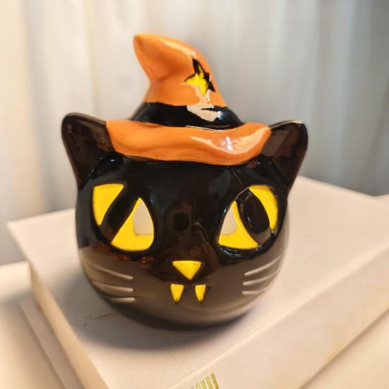 Halloween Ceramic Cat Pumpkin Figurine Carved Cat Pumpkin Tabletop Tealight Candle Holder for Indoor Home Party Decor