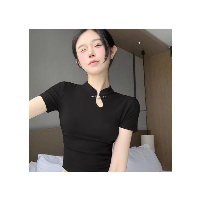 New Chinese retro button-up stand-up collar T-shirt women's summer new temperament Spice girl slim-fitting short-sleeved top