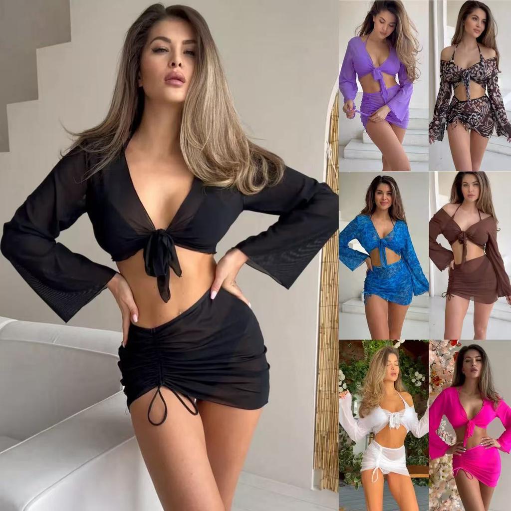Women's Deep V Neck Bow Tie Bikini Set with Drawstring Skirt Multi Color Two Piece Swimsuit