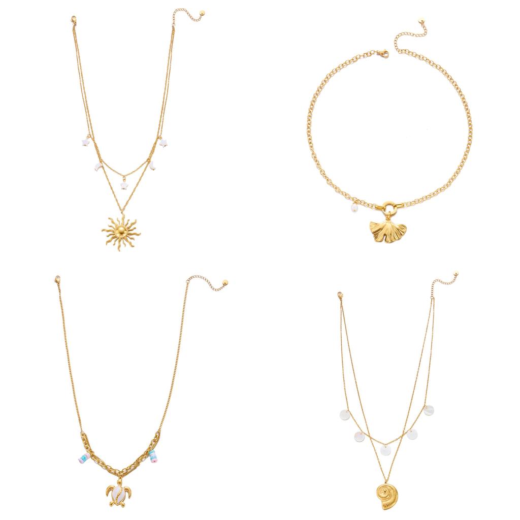 Bohemian Beach Inspired Stainless Steel Pendant Necklace With Shell And Sun Design For Women