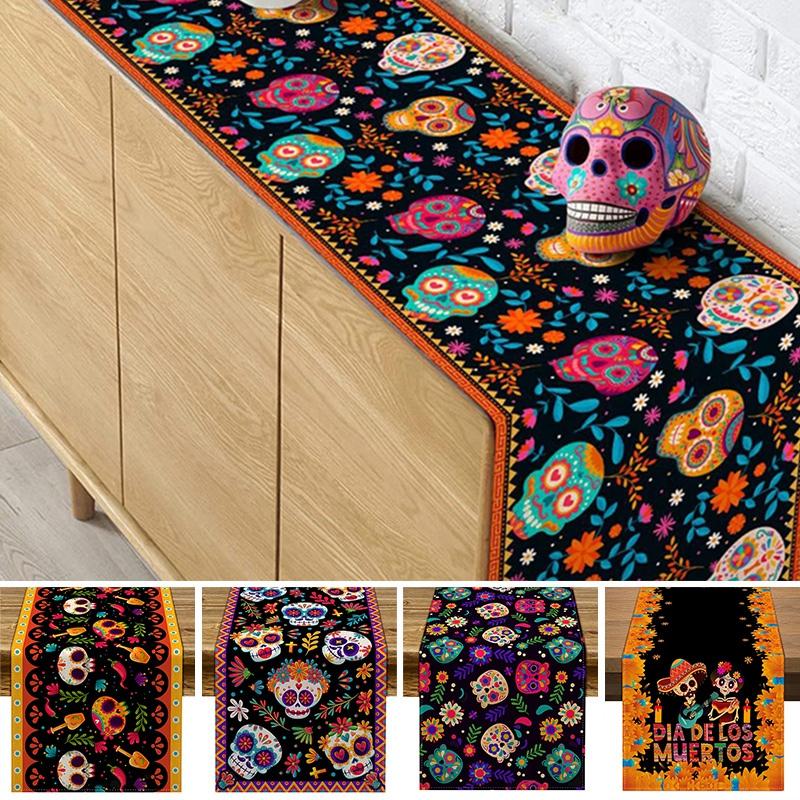 Halloween Table Runners Day of The Dead Party Tablecloth Party Ghost Accessories Floral Skull Ghost Horrible Dining Table Decor