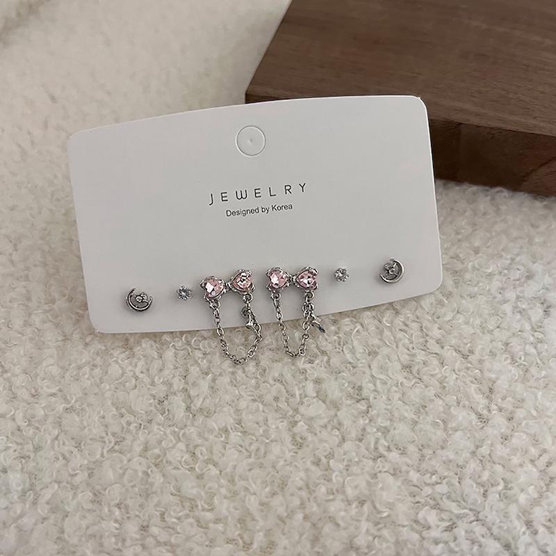 6Pcs/Set Y2K Bowknot Heart Zircon Stud Earrings For Women Girls Trendy Star Moon Piercing Earrings Sweet Cool Jewelry Party Gift