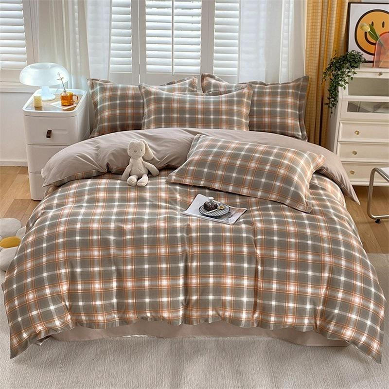 Small Fresh Pure Cotton Brushed Four-piece Set Thickened Washed Cotton Sheets and Quilt Covers Dormitory Three-piece Bedding Set