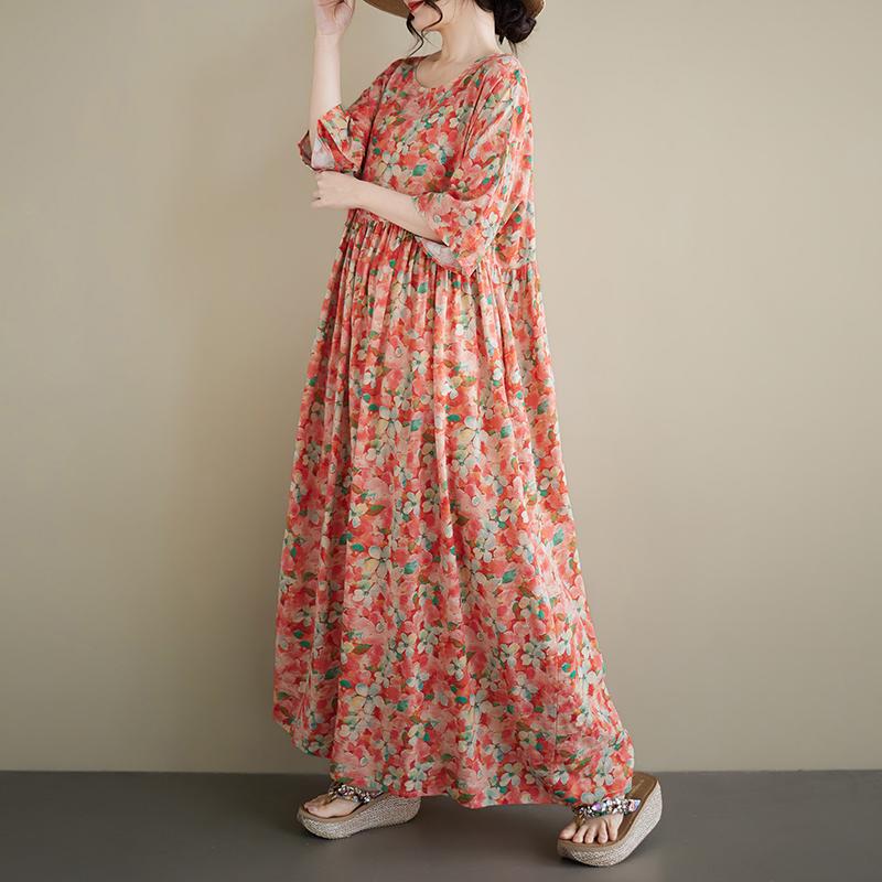 DIMANAF Neues Sommer-Strand-Sonnenkleid 2026 Damen Übergröße Vintage Dame Langes Kleid Locker Übergröße Maxi Blumenprint Baumwolle