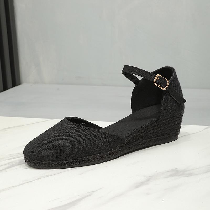 

2025 новая летняя мода сандалии на танкетке женская сумка голова плетеные из пеньки одинарная обувь 35 чёрный