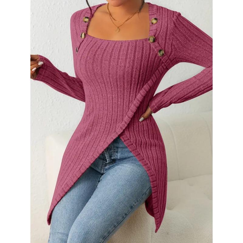 Exquisite and Elegant Striped Square Collar Women's Long-sleeved T-shirt, Autumn and Winter Fashion Knitted Irregular Women's Pullover