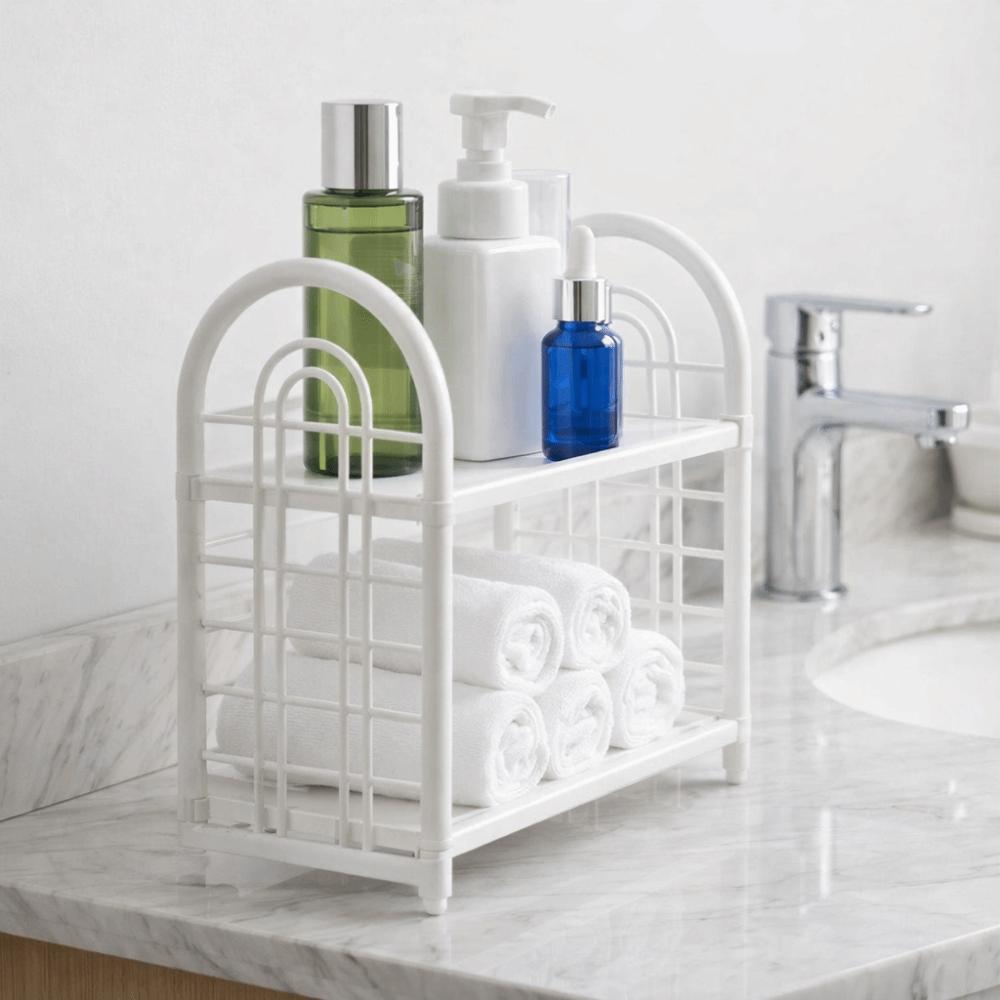 Plastic Double Layer Storage Rack Space Saving Desktop Organizer Shelf Hollow Out Organizer  Office