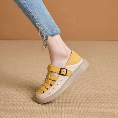 Hollow Bag Head Sandals Women's 2025 Summer New Casual Hole Shoes Soft Leather Retro Woven Breathable Flat-bottomed Soft Single Shoes