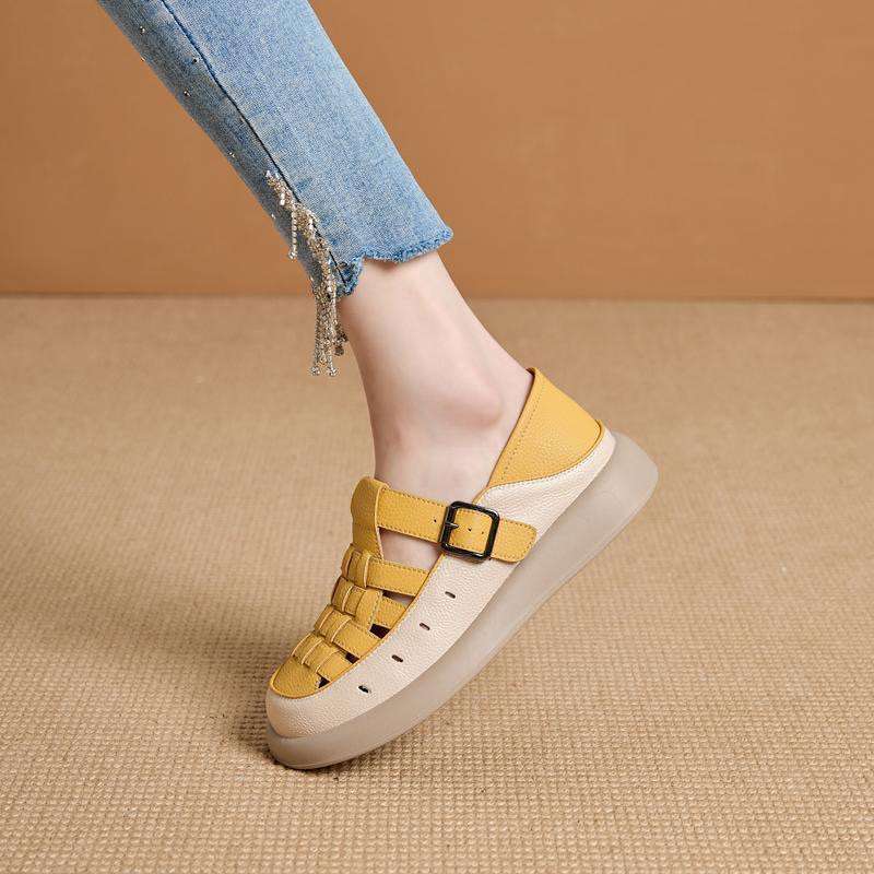 Hollow bag head sandals women's 2025 summer new casual hole shoes soft leather retro woven breathable flat-bottomed soft single shoes