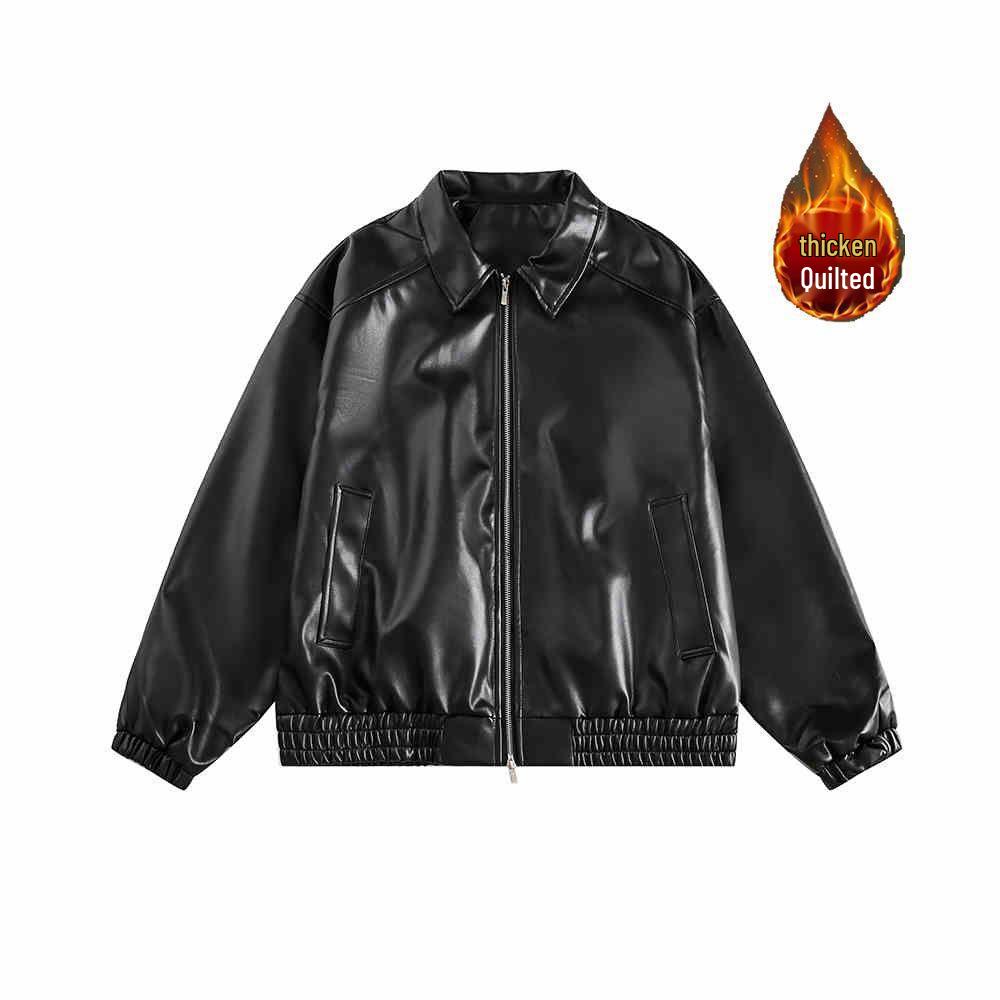 Unisex Retro American Style Leather Jacket with Velvet Lining for Autumn and Winter