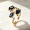 Vintage Blue Zircon Water Drop Horse Eye Diamond Open Ring Light Luxury Palace Style Gold Adjustable Ring