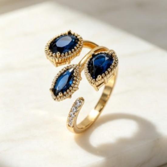 Vintage Blue Zircon Water Drop Horse Eye Diamond Open Ring Light Luxury Palace Style Gold Adjustable Ring
