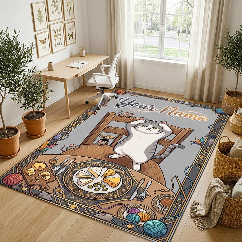 Cat Art Theme Soft Crystal Velvet Rug Custom Name & Text Print Non Slip Floor Rug for Bedroom Living Room