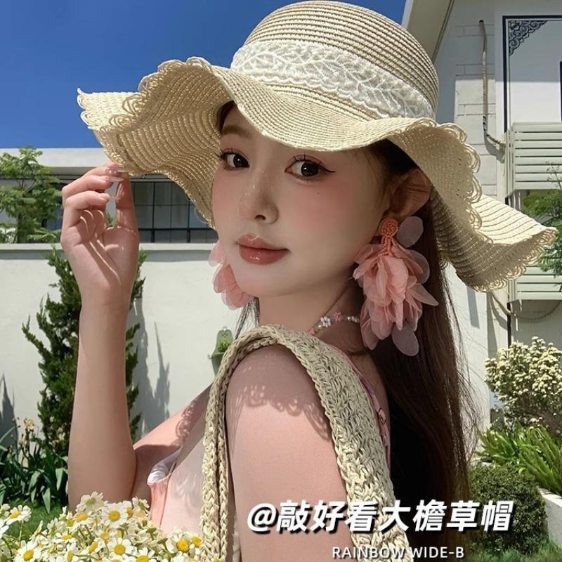Straw hat big cover hat summer new sunscreen sun hat sweet bucket hat breathable lace bow grass