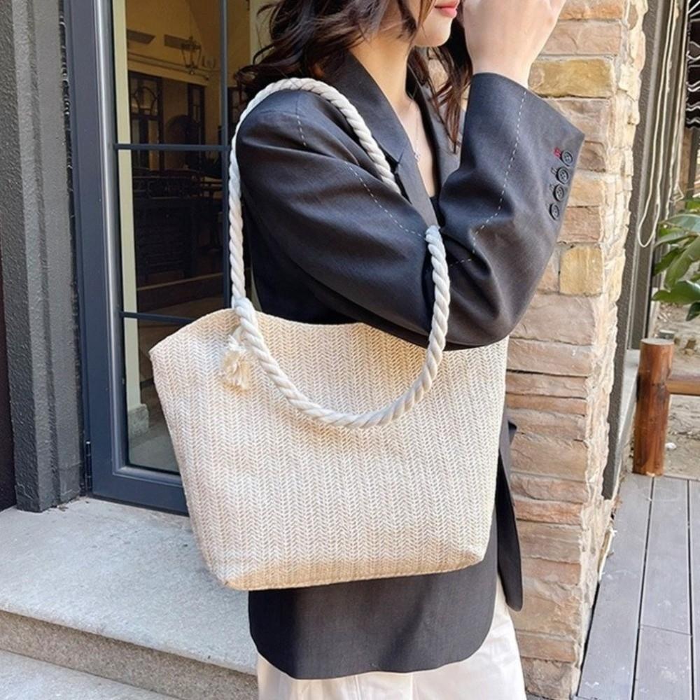 Solid Color Beach Handbag Large Capacity Underarm Shoulder Bag Casual Straw Tote Bag  Travel