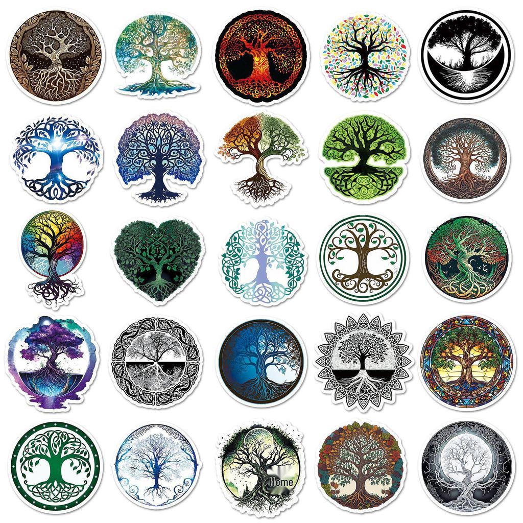 50pcs Tree of Life Graffiti Trend Totem Waterproof Stickers for Water Bottles, Skateboards, and Suitcases
