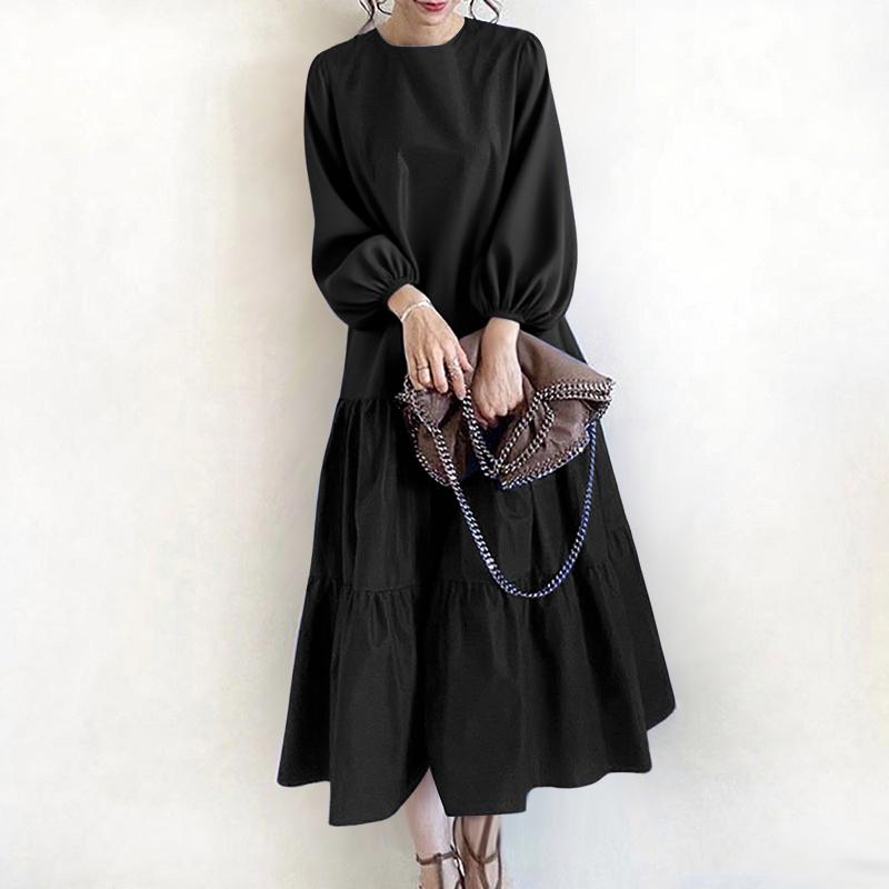 

ZANZEA Женское повседневное платье с круглым вырезом и длинным рукавом S чёрный