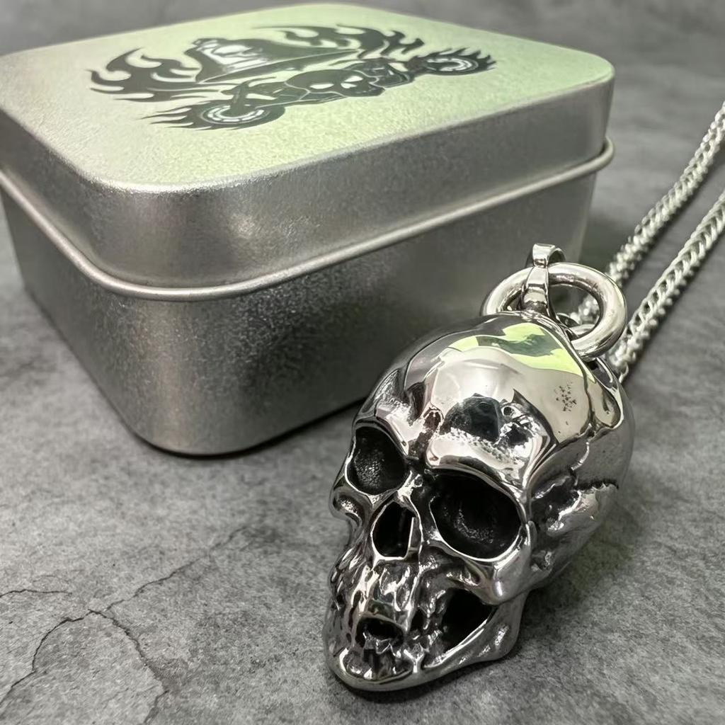 HNSP 316L Stainless Steel Solid Skull Head Pendant Chain Necklace For Men Punk Gothic Motorcycle Style Skeleton Jewelry Gift