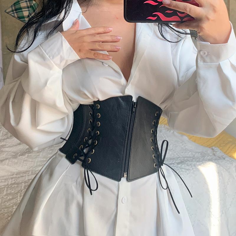 Fashion PU Leather Wide Belt Corset Lady Women Black Slim Body Front Zipper Bandage Waistband Elastic Decor Dress Suit Straps