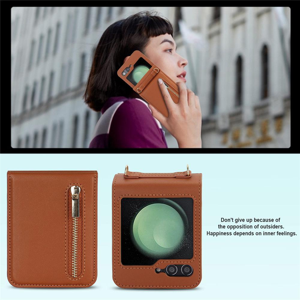 Zipper Lanyard Cards Leather Phone Case For Samsung Galaxy Z Flip 6 5 4 3 Flip5 Flip4 Wallet Stand Cover