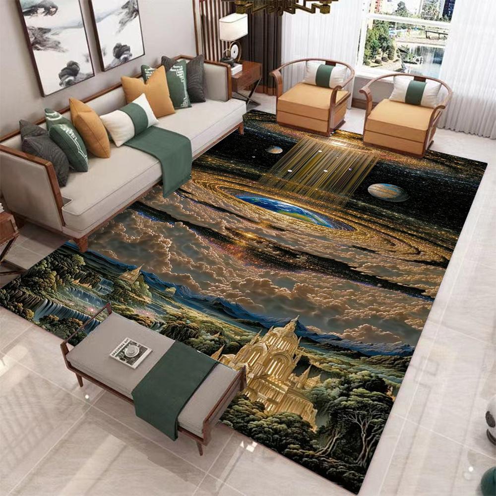 Fantasy Landscape Carpet Mat Golden Clouds Majestic Waterfall Living Room Rug with Heavenly Architecture Design Home Decoration