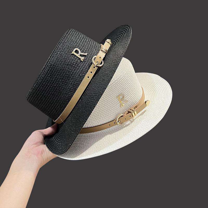 Straw Hat Women's Summer Vacation Seaside Rhinestone Letter R Belt Personalized British Retro Flat-top Sunshade Hat
