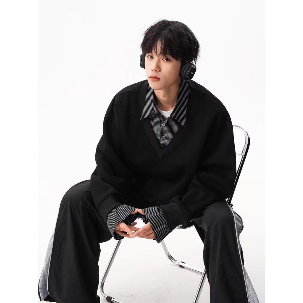 Autumn Faux Two-Piece Hoodie - Unisex Korean Style Loose Pullover with Shirt Collar