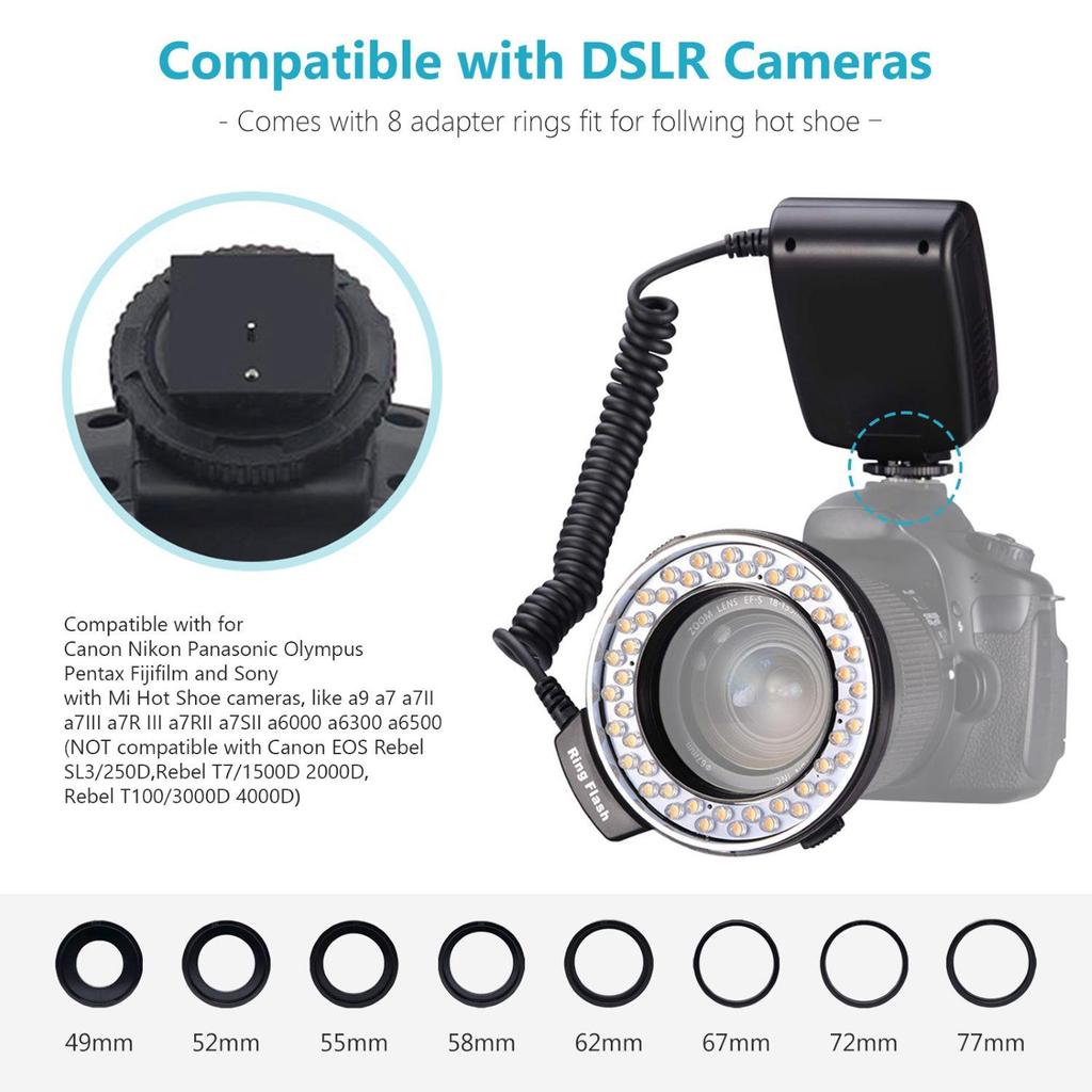 Neewer 48 Macro LED Ring Flash Light Includes 4 Diffusers (Clear, Warming, Blue, White) for Canon, Nikon, Panasonic, Olympus, Pentax DSLR