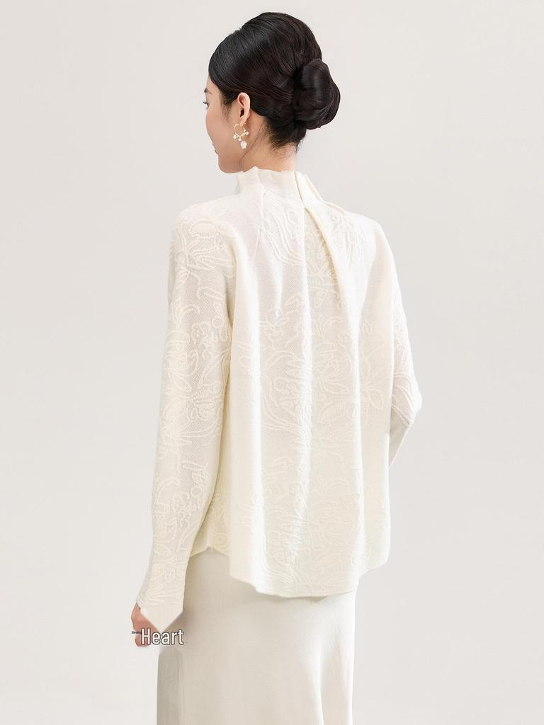 3D Interwoven Wool Jacquard Ruffle Flare Sleeve Knit Top